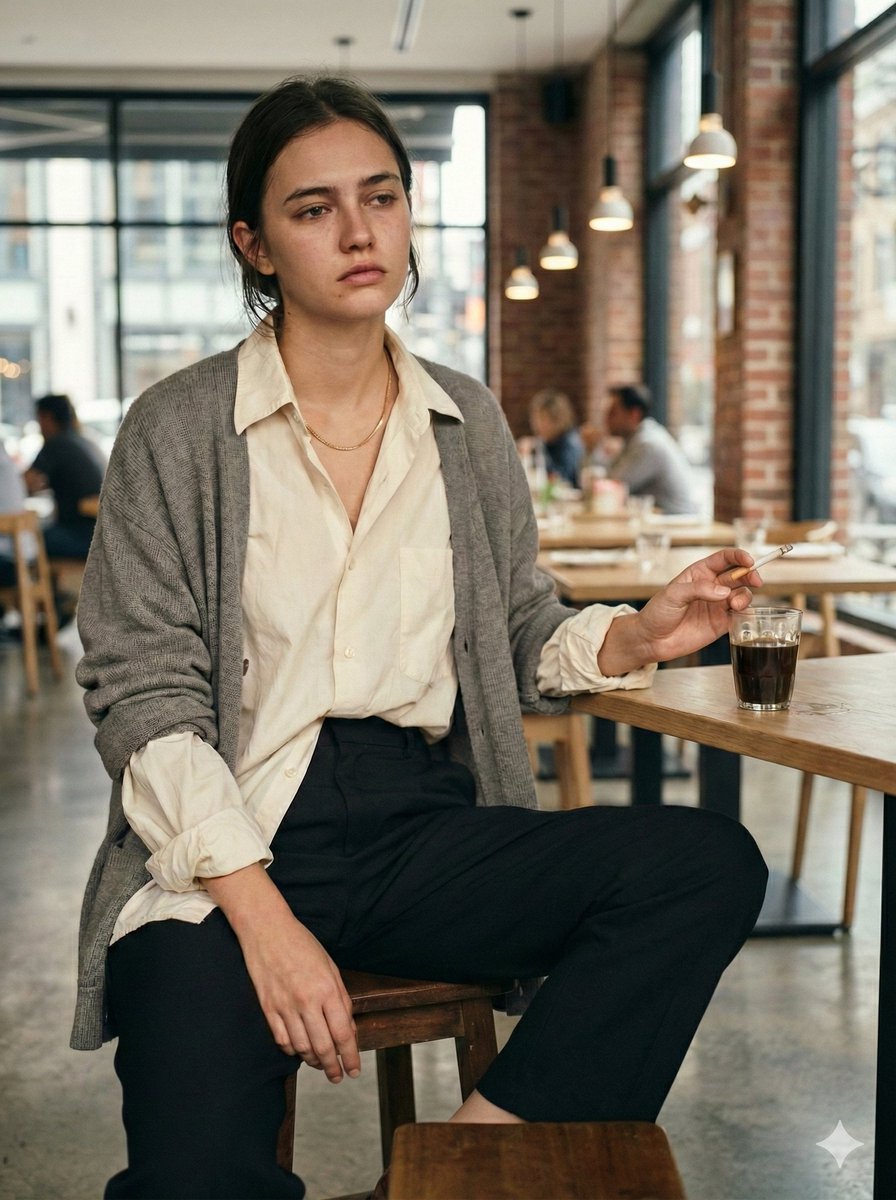 Cinematic Realism Cafe Portrait (JSON) — example 1