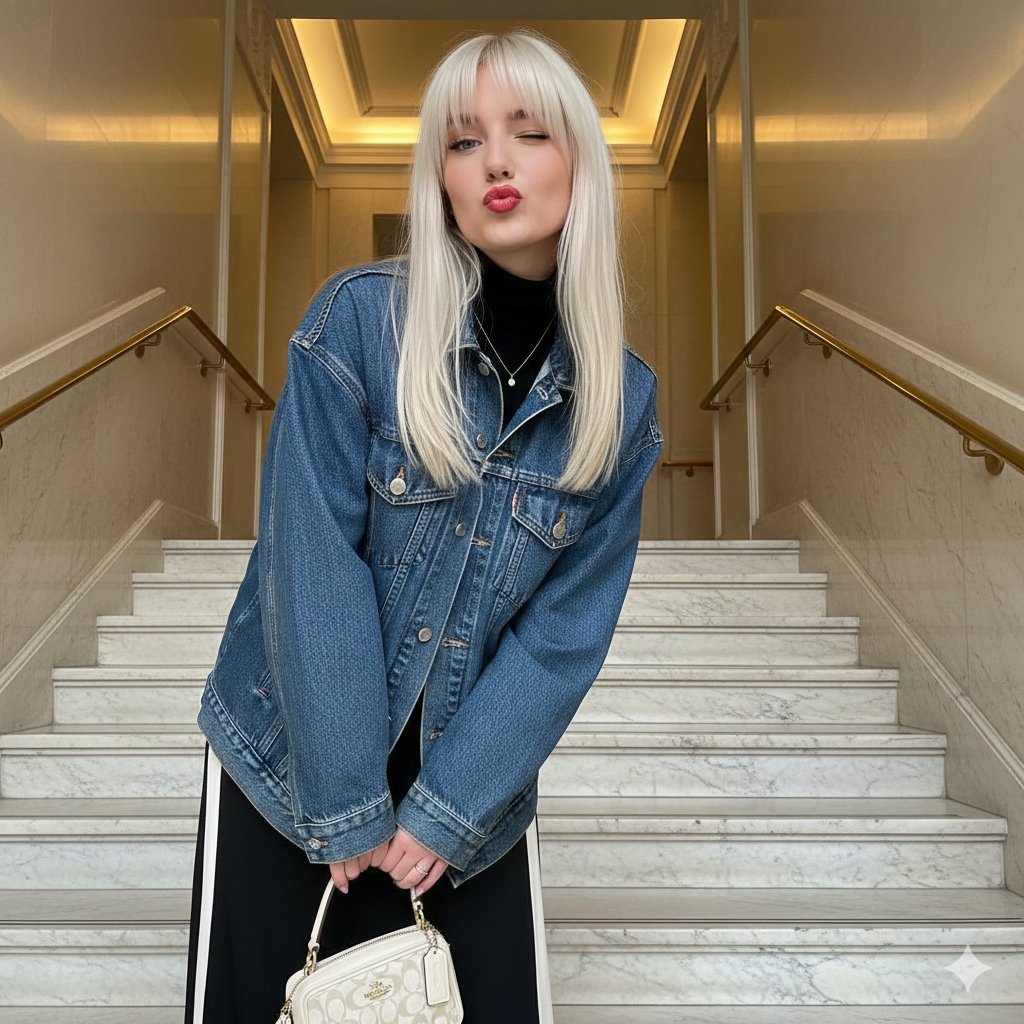 Playful Duck-Face Selfie on Marble Stairs — example 1