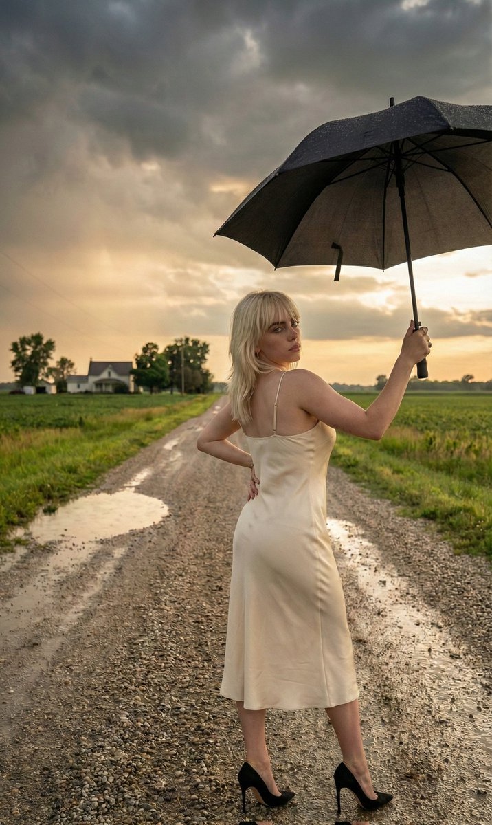 Cinematic Portrait of Sabrina Carpenter in a Stormy Rural Setting — example 1