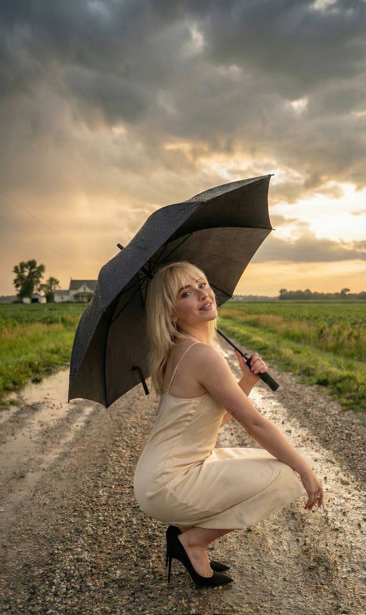Cinematic Portrait of Sabrina Carpenter in a Stormy Rural Setting — example 2