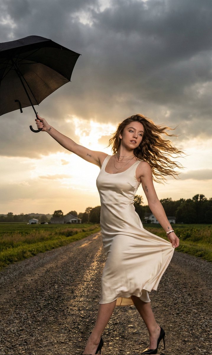 Cinematic Portrait of Sabrina Carpenter in a Stormy Rural Setting — example 3