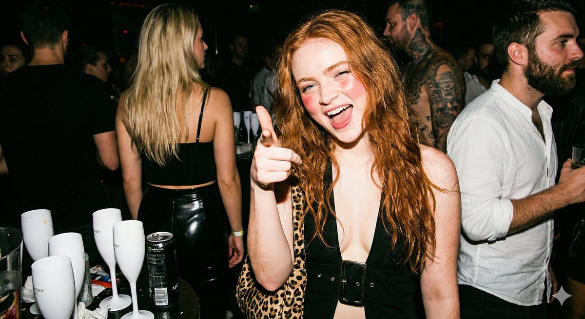 Hyper-realistic Candid Nightlife Photo of Sadie Sink — example 1