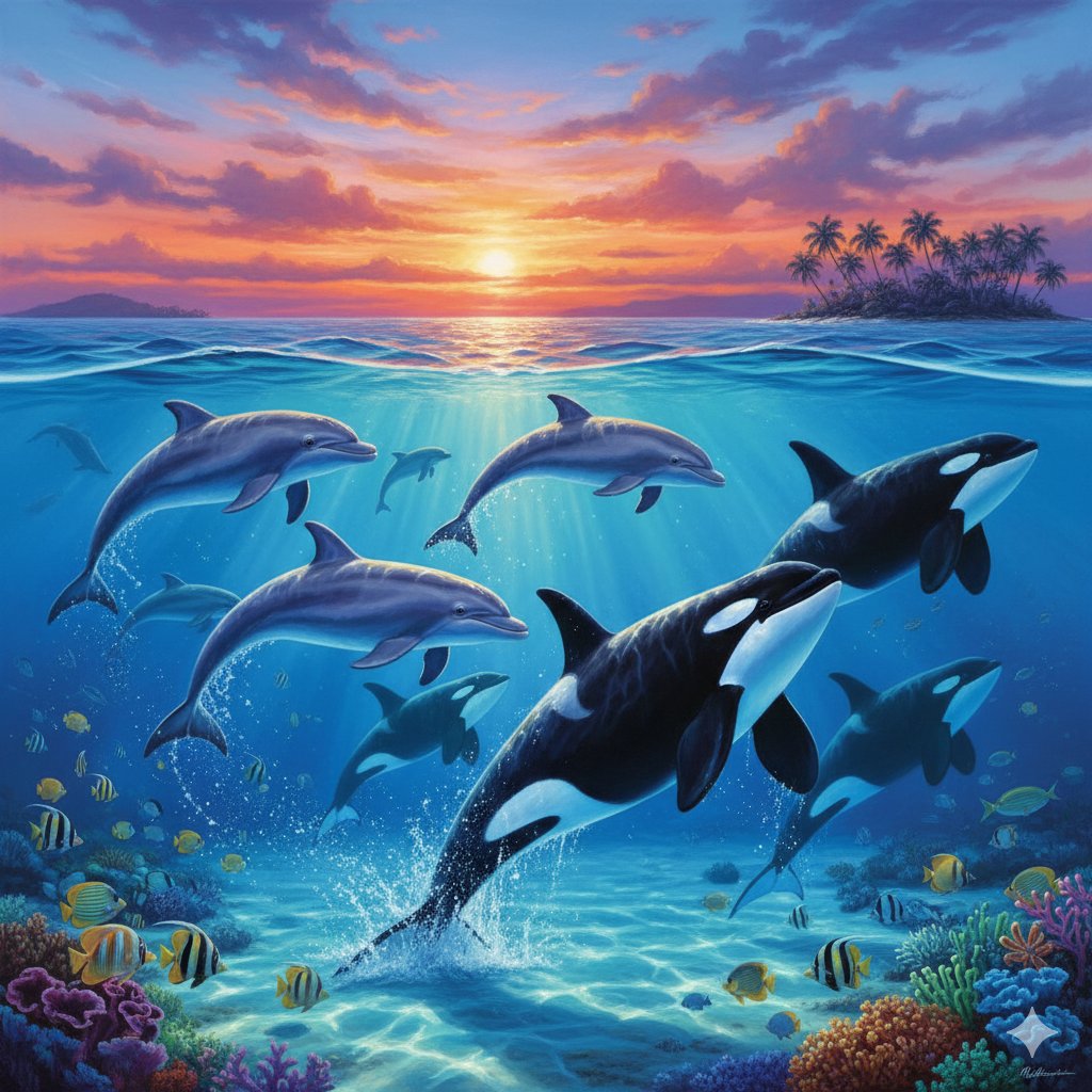 Lassen-style Painting with Dolphins and Orcas — example 1