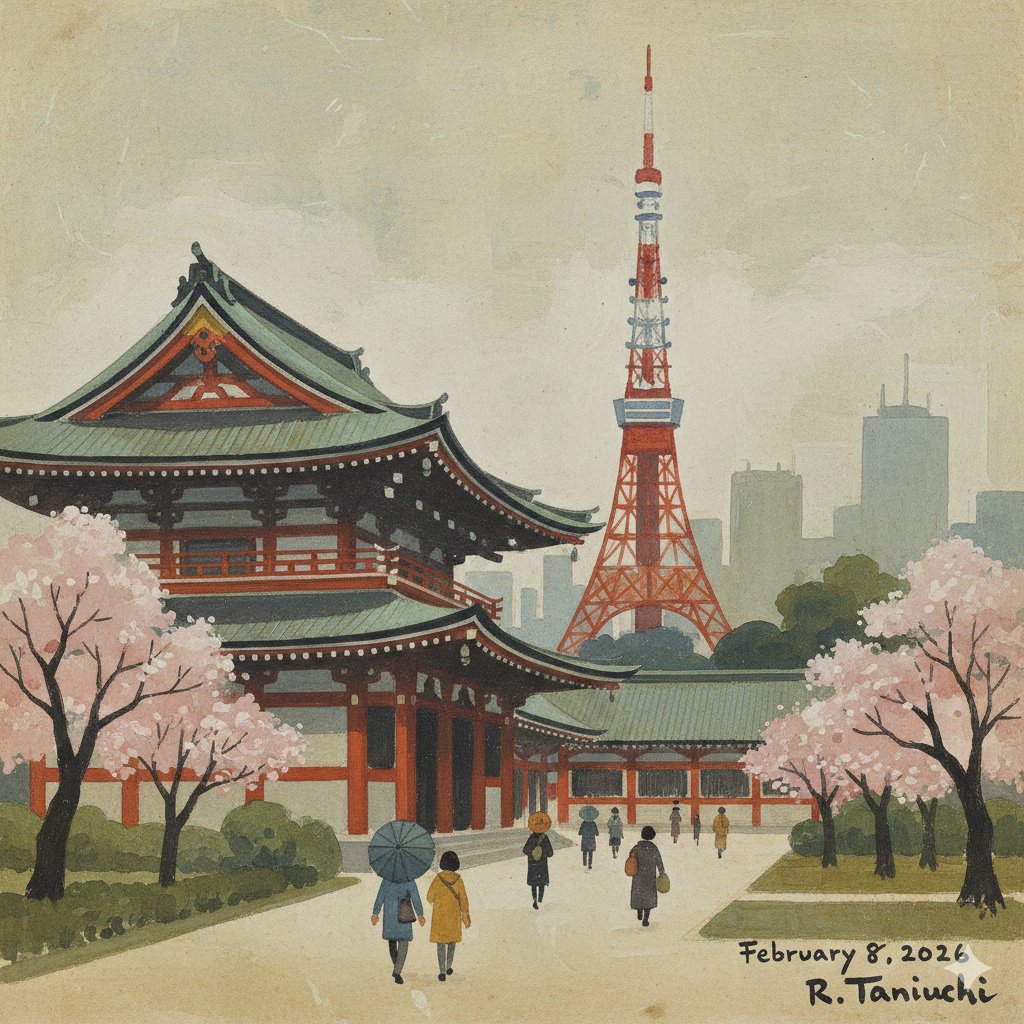 Transforming Zojoji Temple into a Rokuro Taniuchi Style Painting — example 1