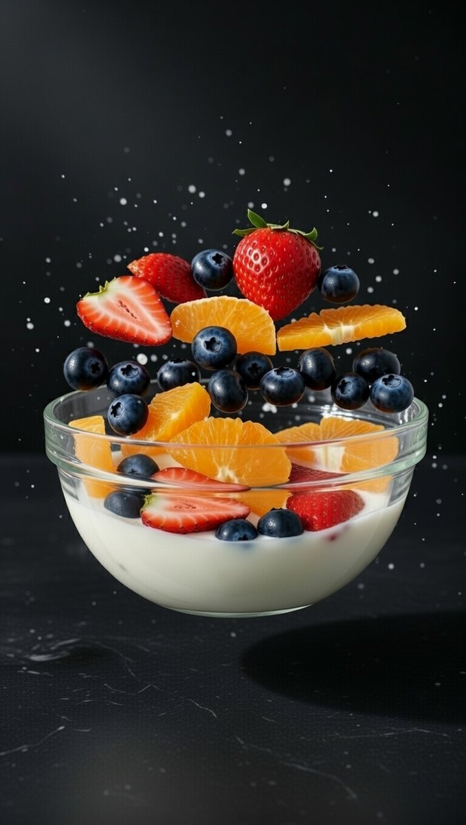 Cinematic Exploded Vertical Fruit Salad — example 1
