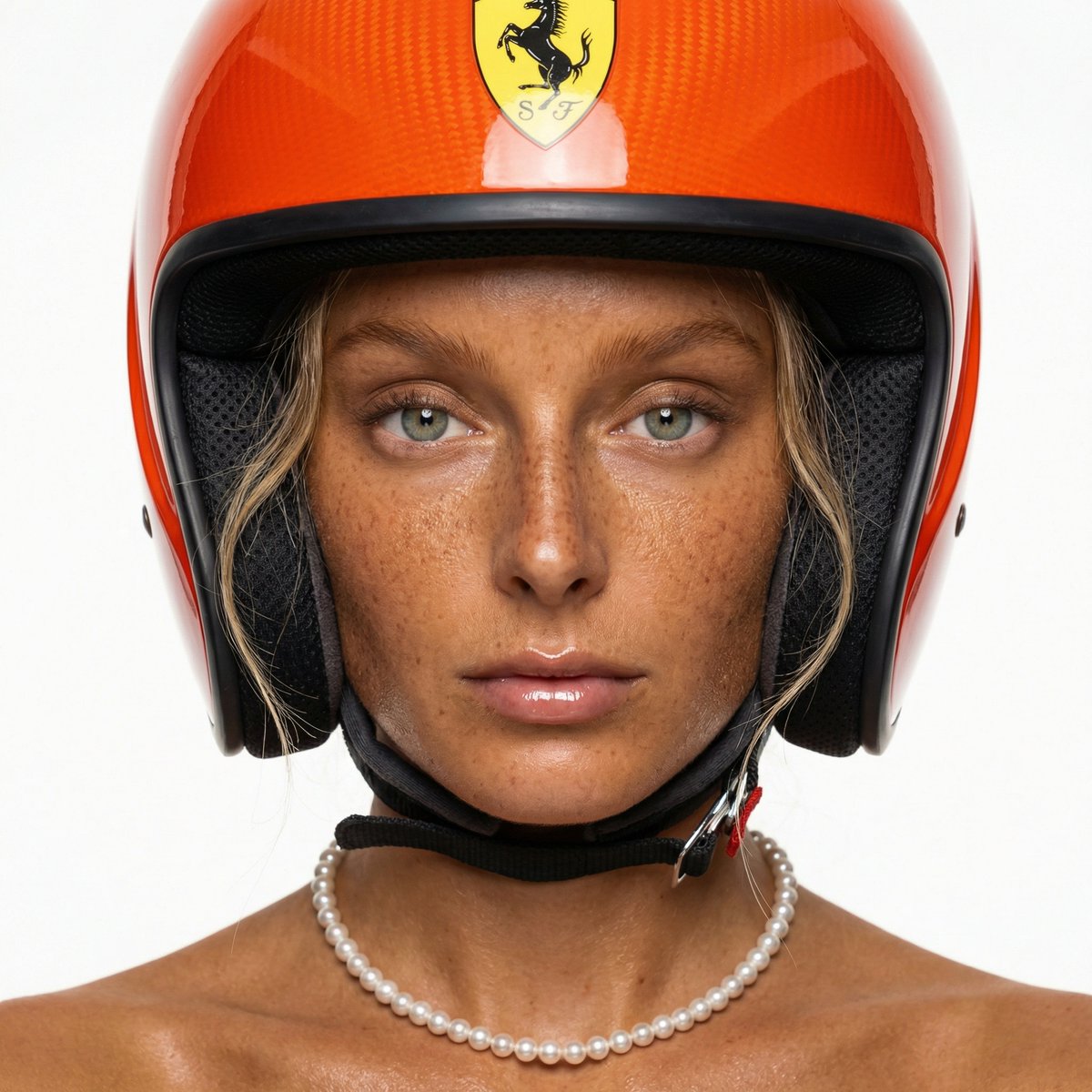 F1 Heiress Editorial Portrait with Racing Helmet and Pearls — example 1