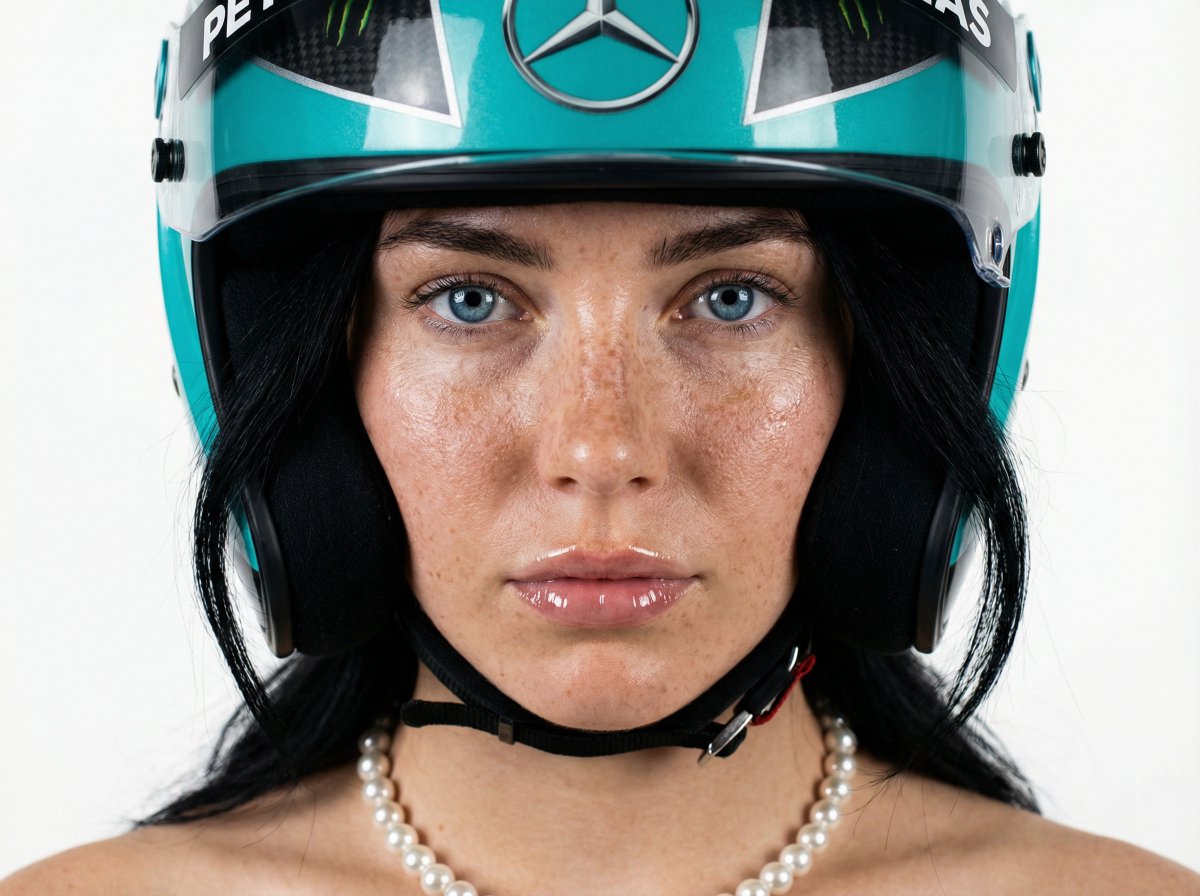 F1 Heiress Editorial Portrait with Racing Helmet and Pearls — example 2
