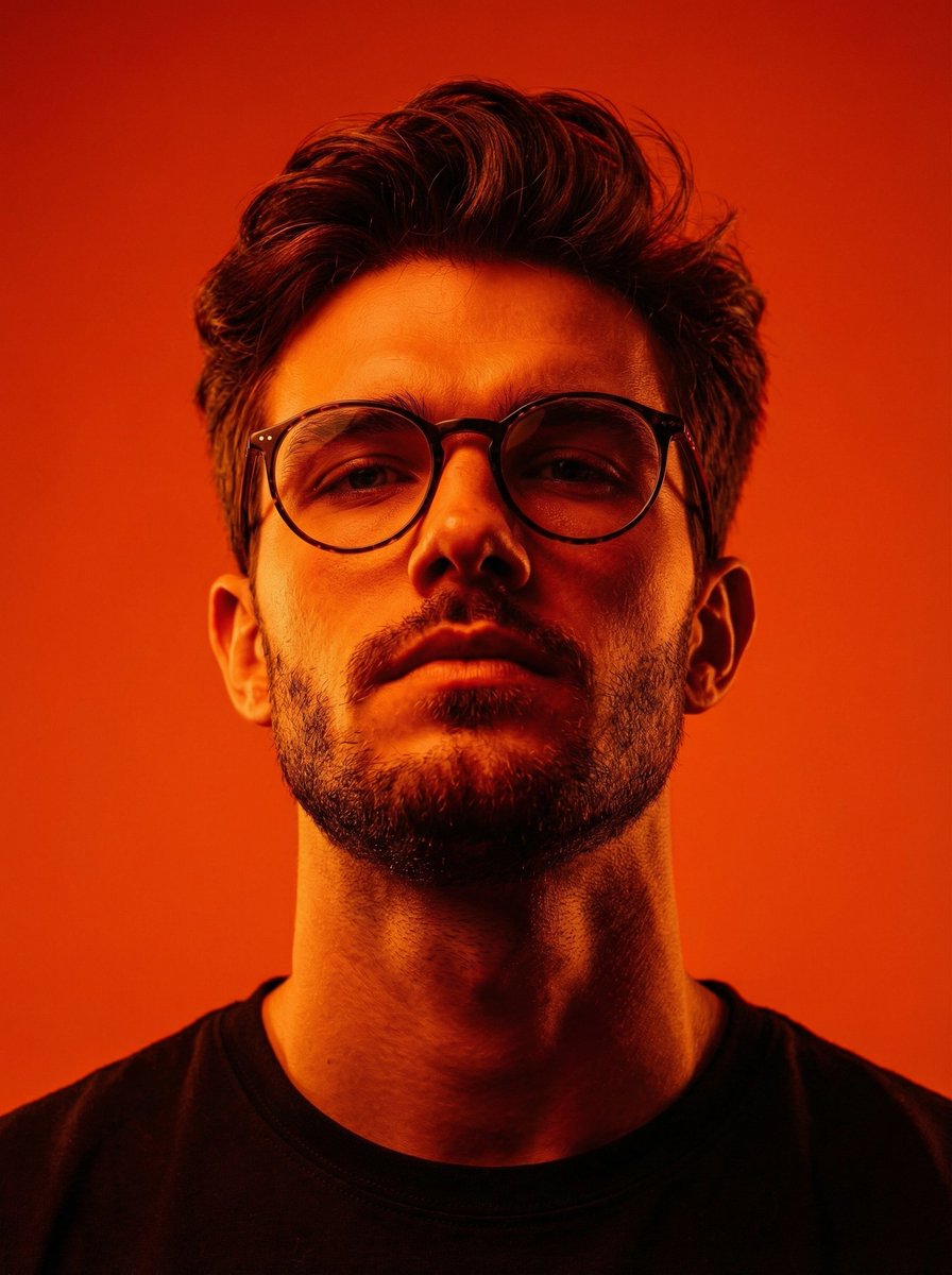 Dynamic Low-Angle Editorial Portrait with Orange-Red Contrast — example 1