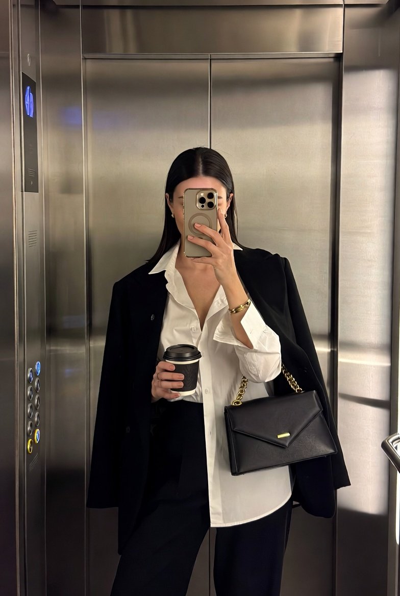 iPhone Mirror Selfie with Old Money Corporate Elegance Vibe — example 2