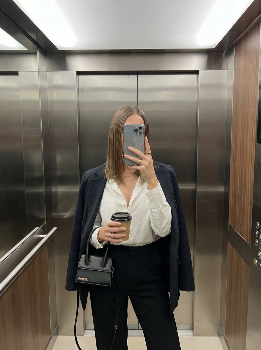 iPhone Mirror Selfie with Old Money Corporate Elegance Vibe — example 3