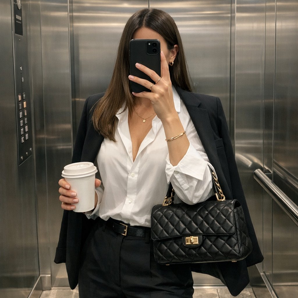 iPhone Mirror Selfie with Old Money Corporate Elegance Vibe — example 4