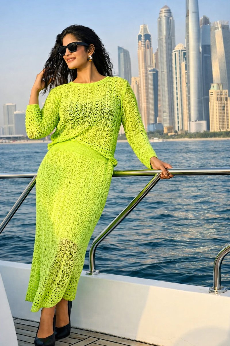 Lifestyle Portrait on Yacht in Neon Green Knitwear
