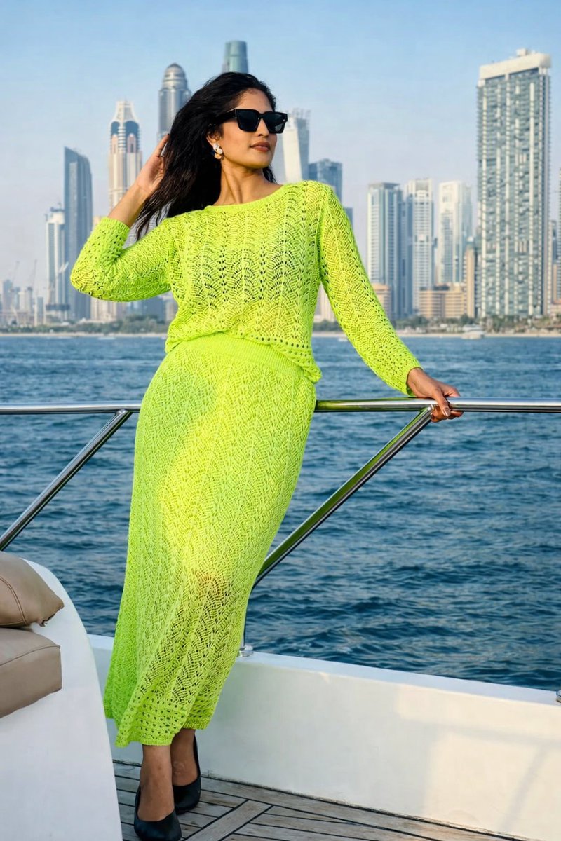 Lifestyle Portrait on Yacht in Neon Green Knitwear — example 2