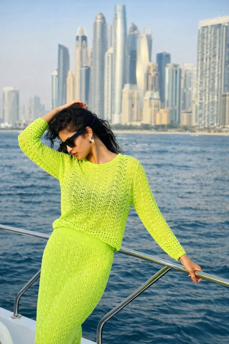 Lifestyle Portrait on Yacht in Neon Green Knitwear — example 3