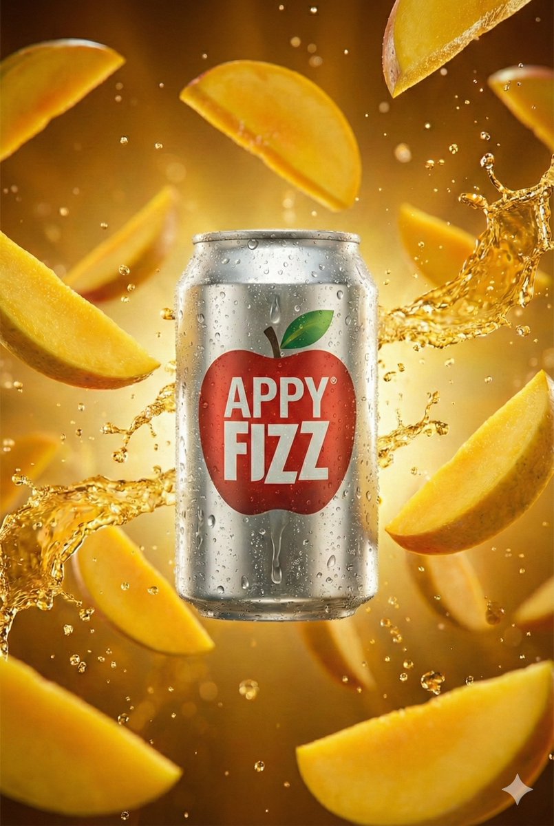 Hyper-realistic cinematic product shot of Appy Fizz can with exploding apple slices — example 2