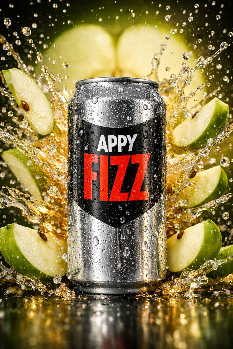 Hyper-realistic cinematic product shot of Appy Fizz can with exploding apple slices — example 3