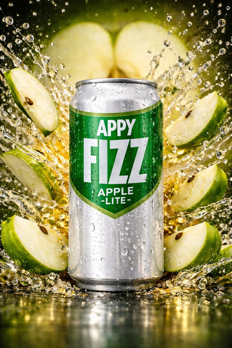 Hyper-realistic cinematic product shot of Appy Fizz can with exploding apple slices — example 4