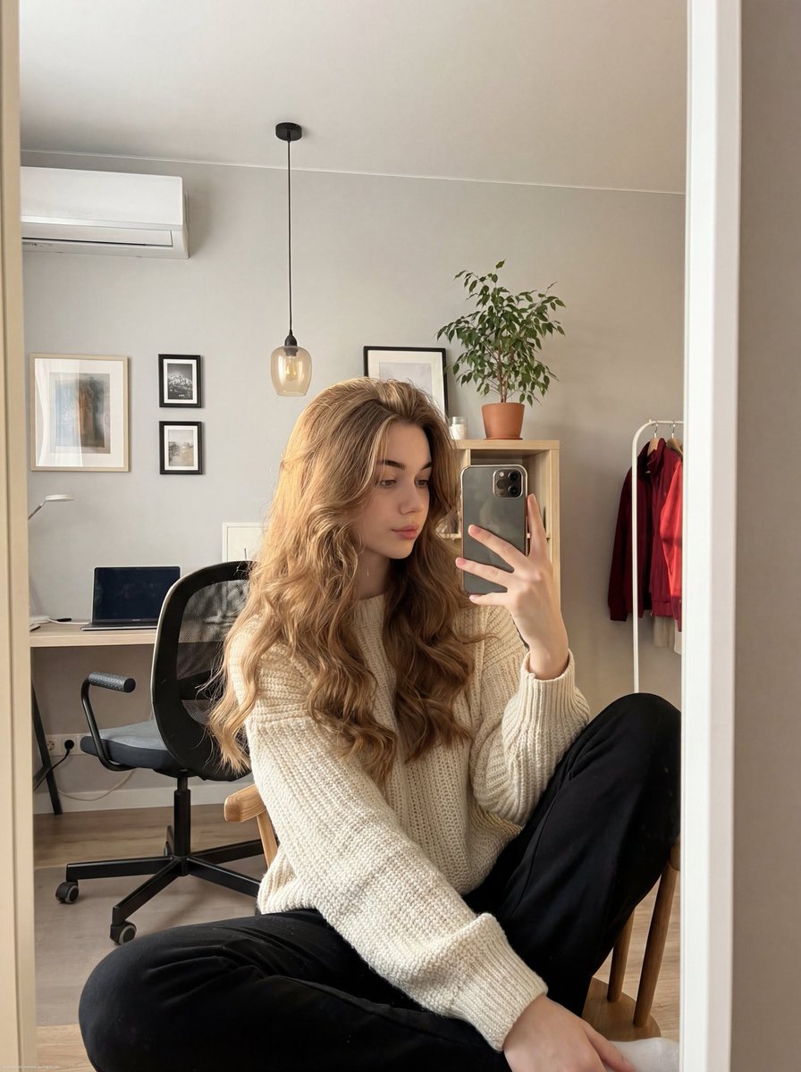 Realistic mirror selfie of a young woman in a cozy cream sweater — example 1