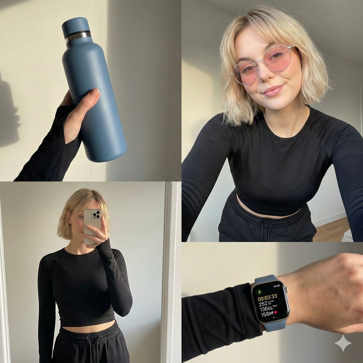Four-grid lifestyle collage of an Asian woman in activewear, post-workout — example 1