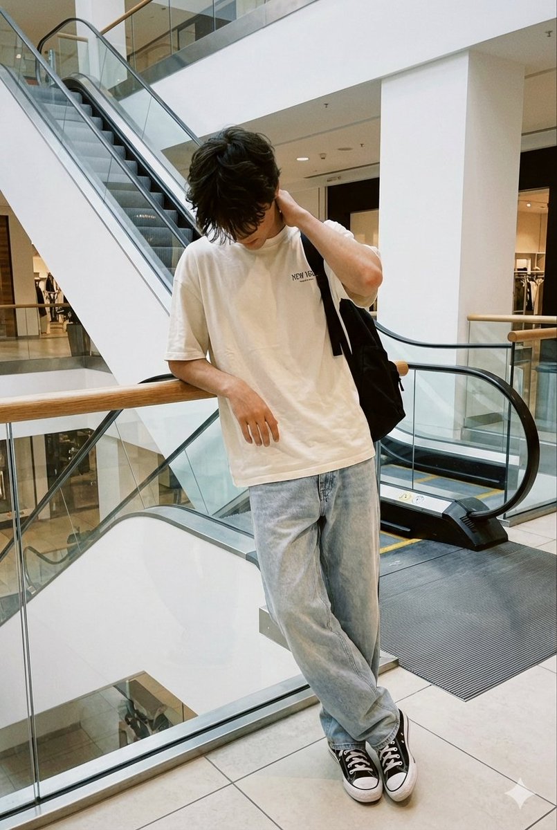 Realistic candid smartphone photo of a subject standing by an escalator in a mall — example 1