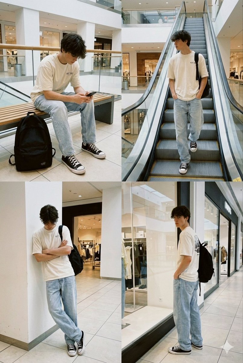 Realistic candid smartphone photo of a subject standing by an escalator in a mall — example 2