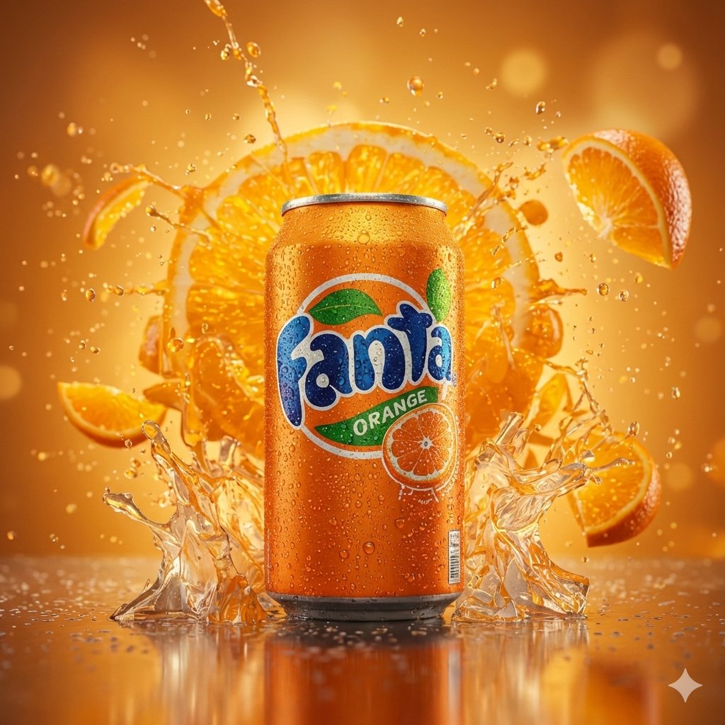 Hyper-realistic cinematic product shot of Fanta Orange can with exploding orange slices — example 1