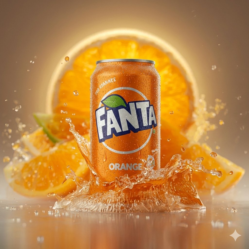 Hyper-realistic cinematic product shot of Fanta Orange can with exploding orange slices — example 3