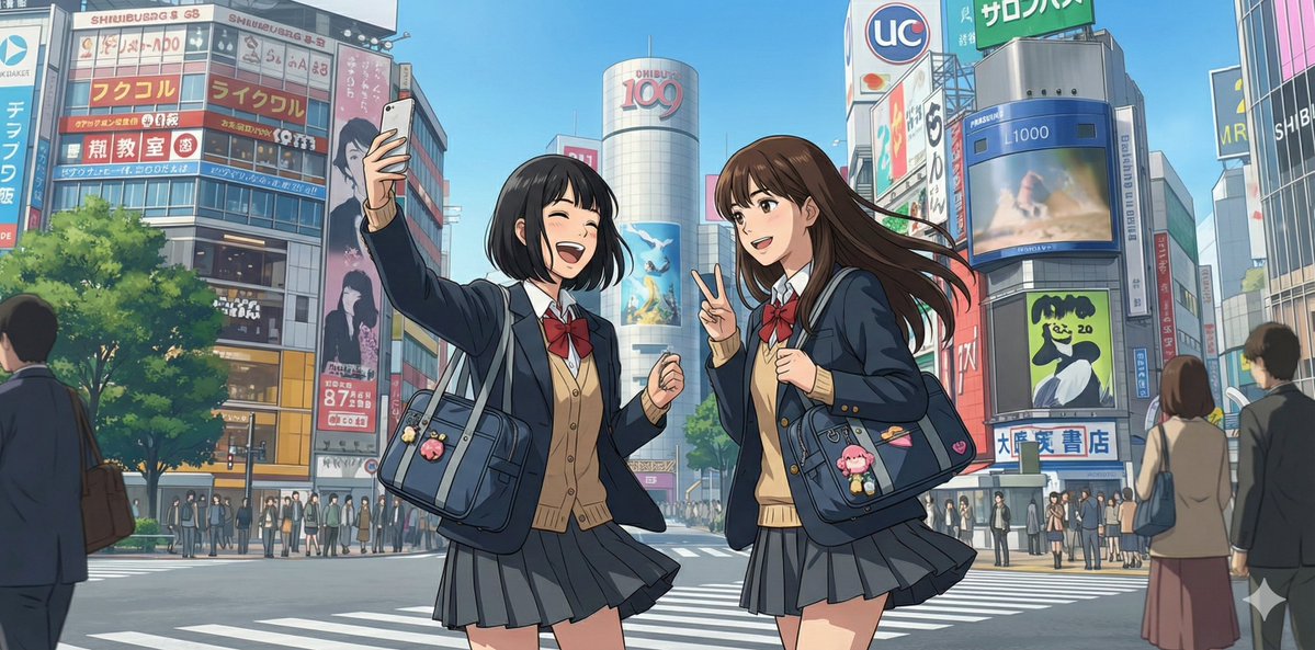 NanoBananaPro Image Generation Prompt: Two High School Girls in Shibuya — example 2