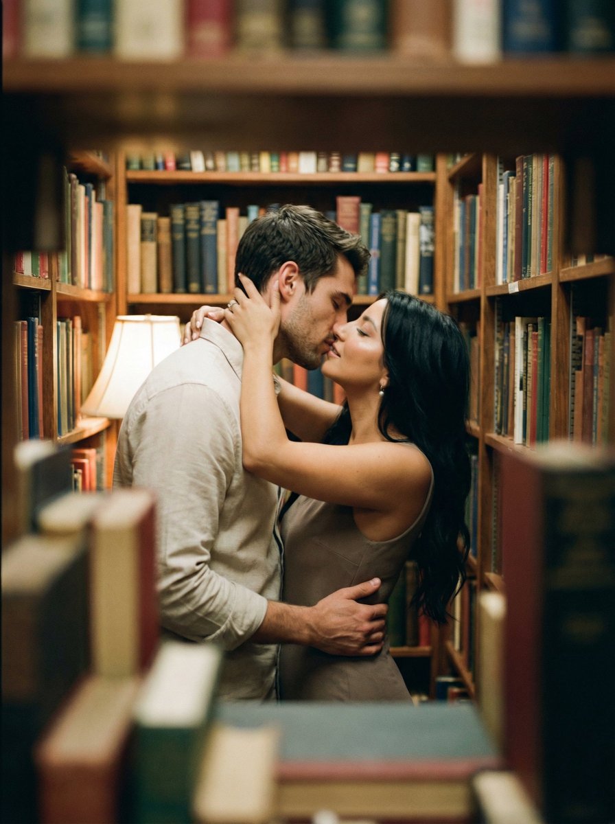 Analog Film Kiss in a Bookstore Aisle — example 1