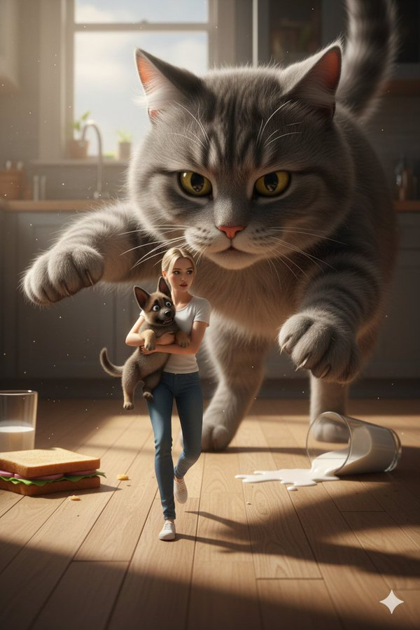 Cinematic Giant Cat Chasing Tiny Woman — example 1