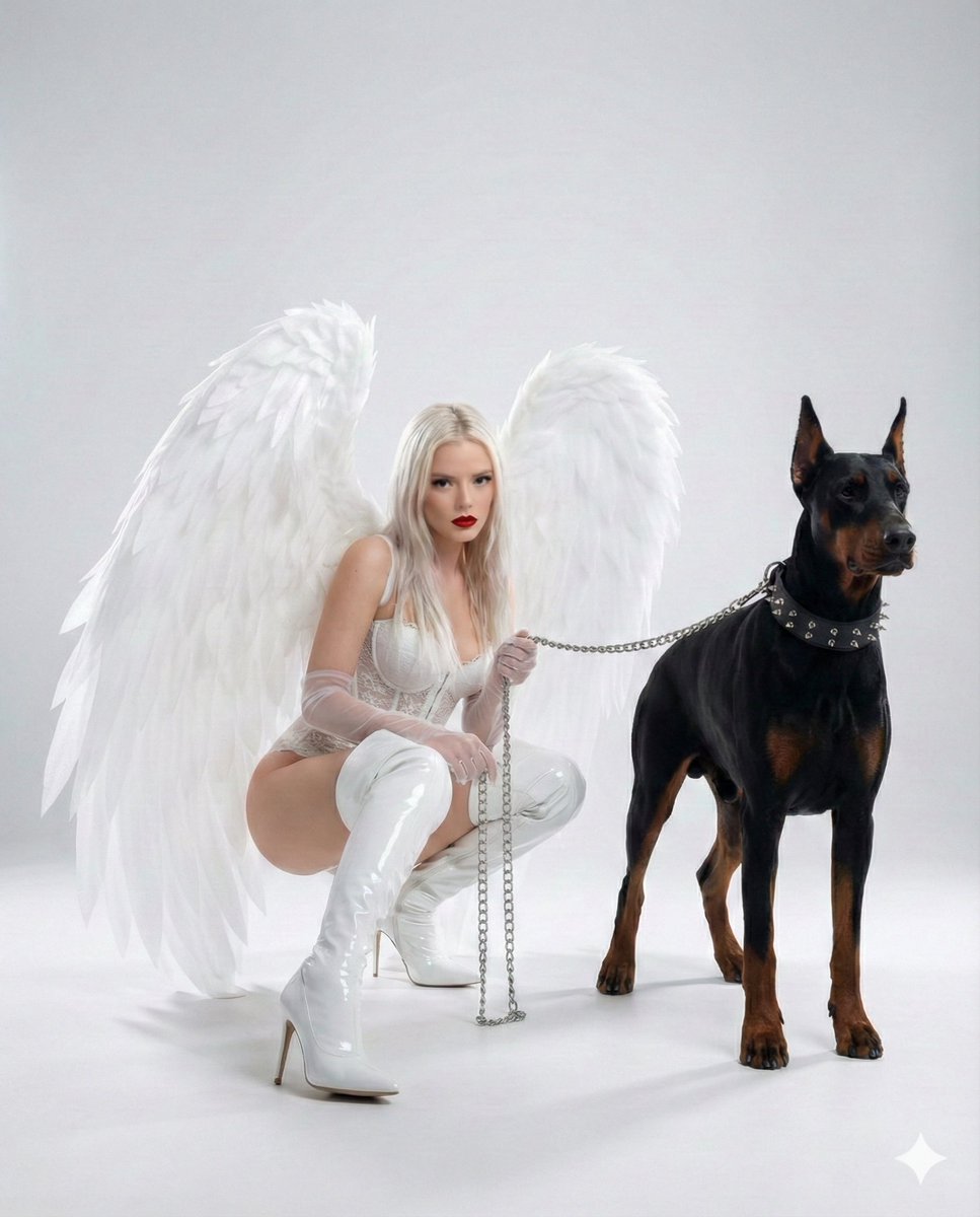 Dark Glamour Fashion Editorial with Wings and Doberman — example 1