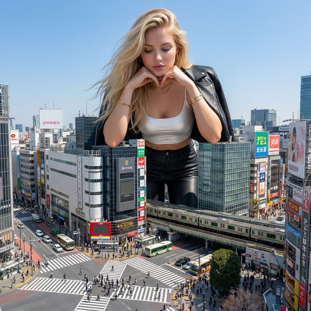 Surreal Giant Woman Over Tokyo Shibuya Crossing — example 1