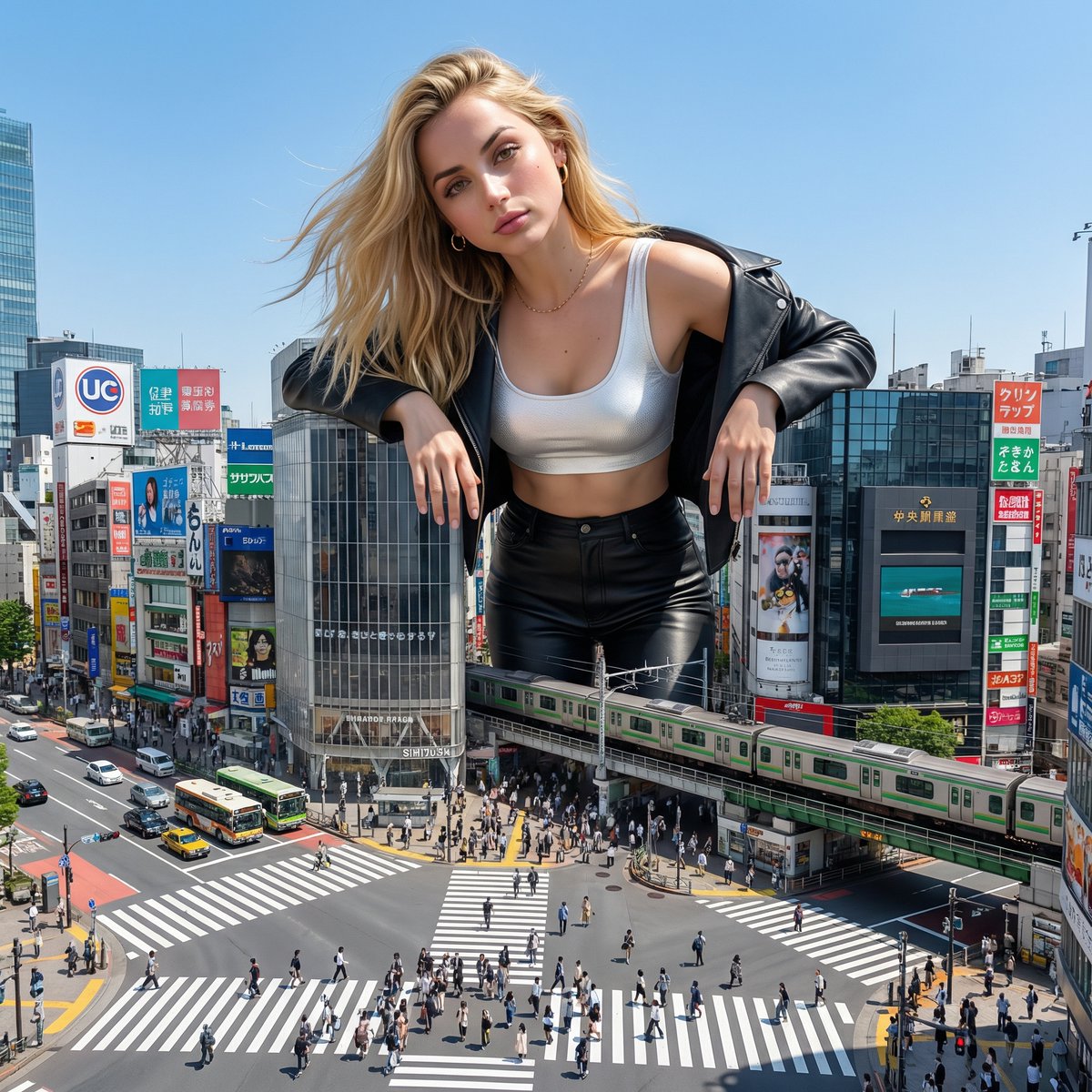 Surreal Giant Woman Over Tokyo Shibuya Crossing — example 3