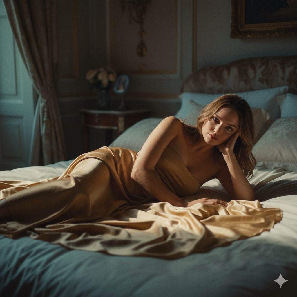 Cinematic Portrait of Ana de Armas in Gold Satin — example 2