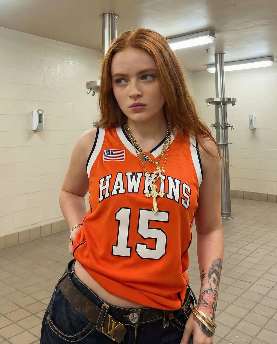Y2K Streetwear Portrait of Sadie Sink in a Locker Room — example 1