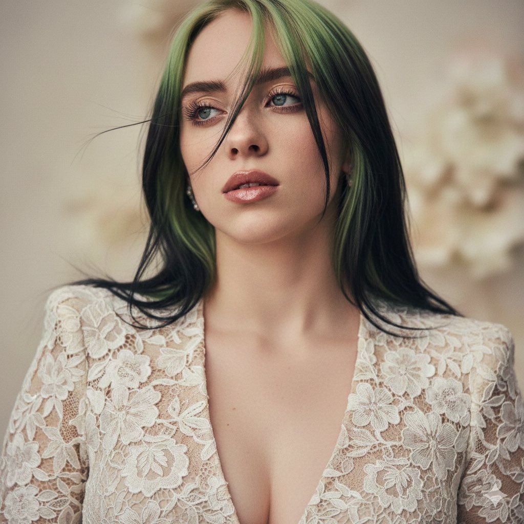Luxury Fashion Portrait of Billie Eilish in Pink Metallic Dress — example 2