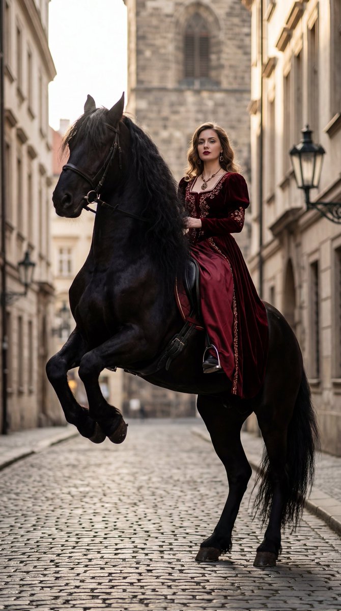 High-Fashion Horseback Portrait on Vintage Street — example 1