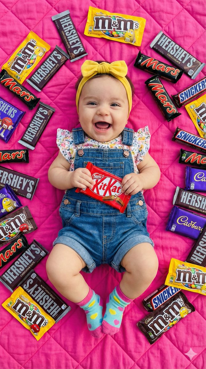 Ultra-Realistic Flat Lay of Baby with Chocolate Brands — example 1