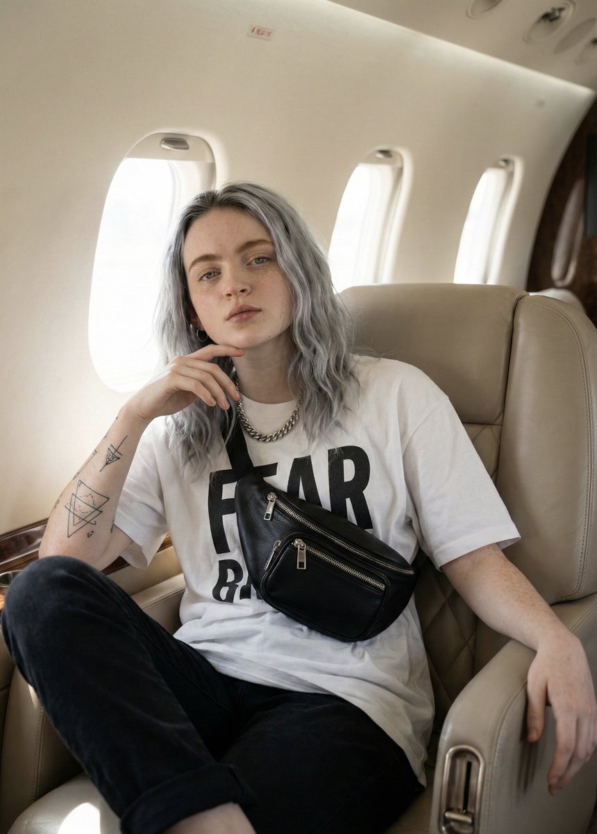 JSON Prompt for Edgy Portrait of Sadie Sink in Private Jet — example 2