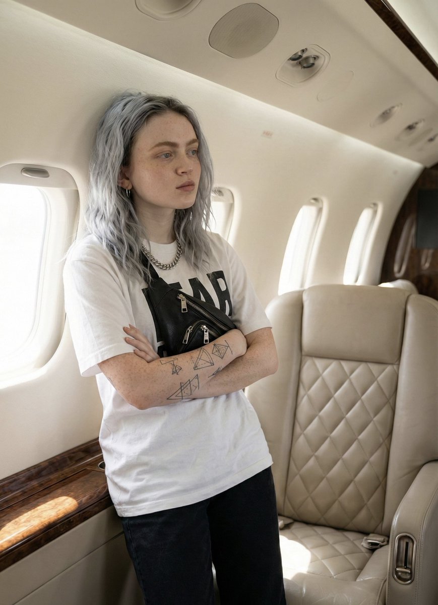 JSON Prompt for Edgy Portrait of Sadie Sink in Private Jet — example 3