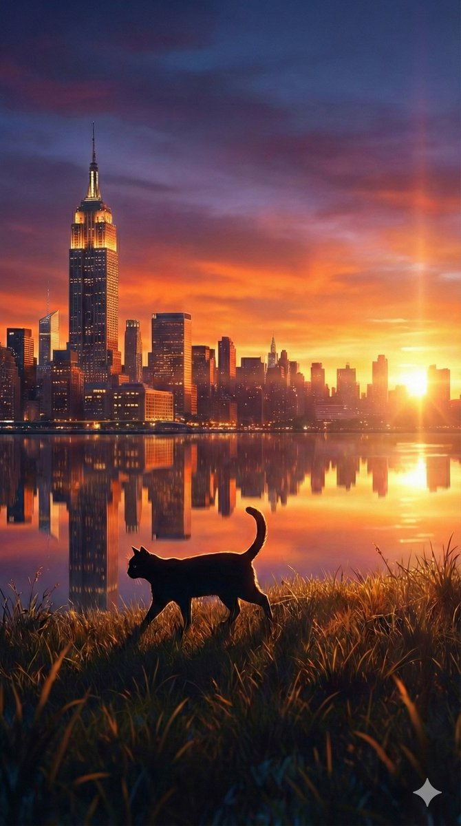 Fantasy Sunset Landscape with Black Cat Silhouette and City Reflection — example 1