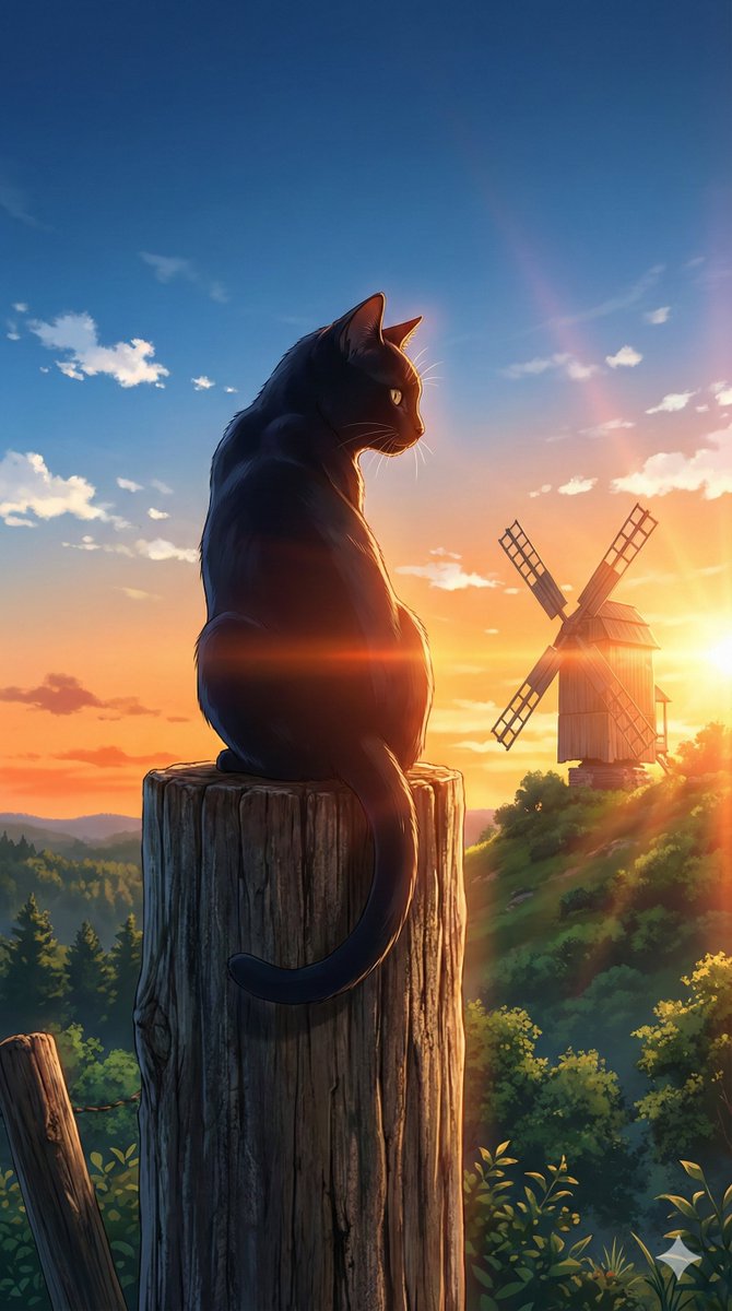 Black Cat on Wooden Post Scene — example 1