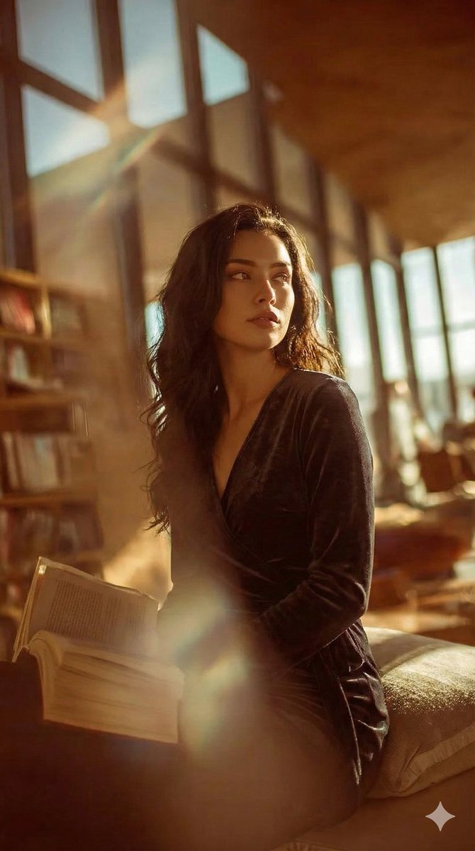 Cinematic Realism Portrait in a Library Loft — example 1