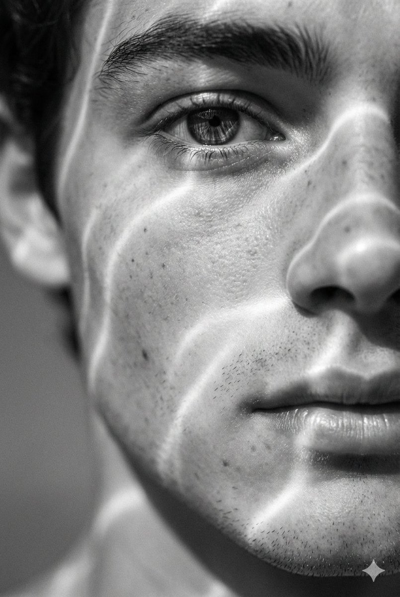 Surreal Black and White Close-Up Portrait with Luminous Lines — example 1
