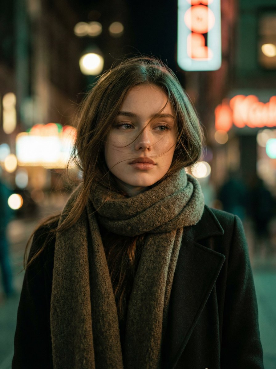 Cinematic Night Portrait of a Young Woman — example 1