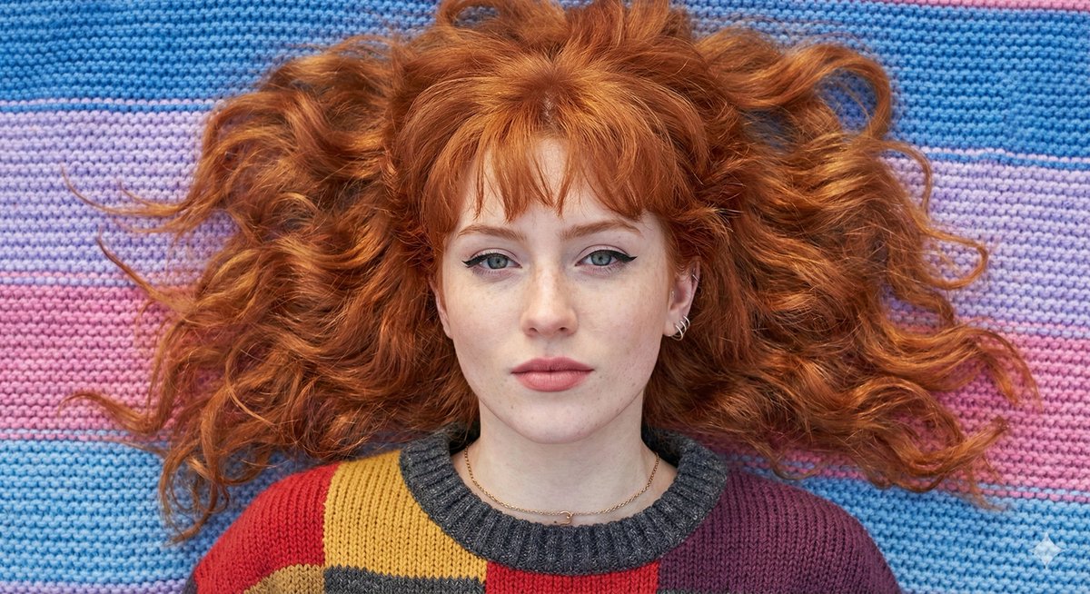 Flat Lay Portrait of a Ginger Woman on a Rainbow Blanket — example 1