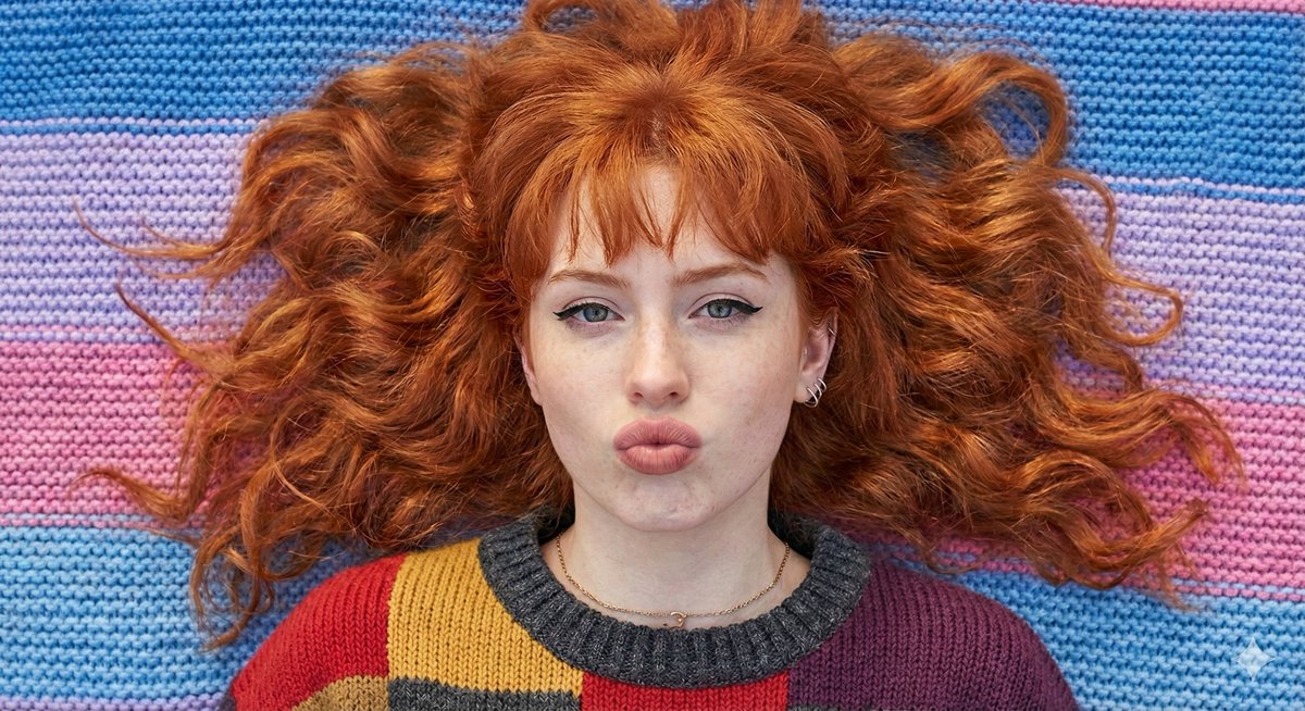 Flat Lay Portrait of a Ginger Woman on a Rainbow Blanket — example 2