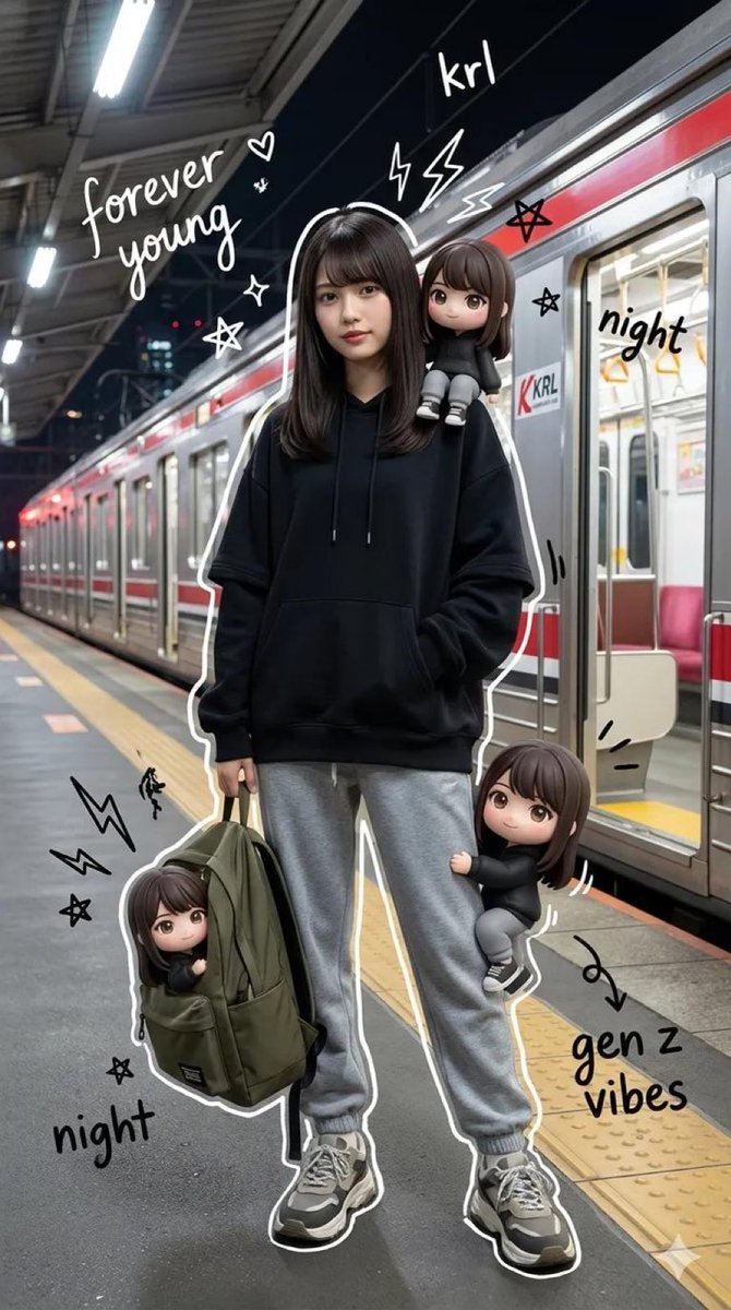Mixed Media Portrait of Gen Z Teenager with Chibi Companions — example 1