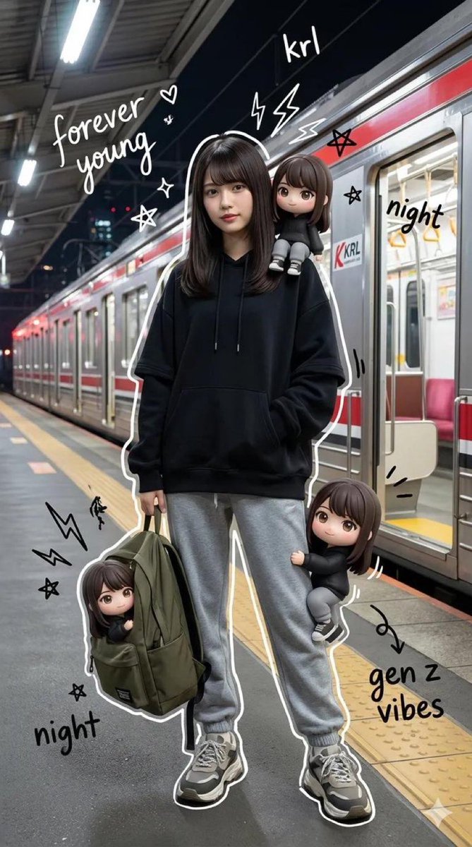 Mixed-Media Portrait of Gen Z Teenager with Chibi Clones — example 1