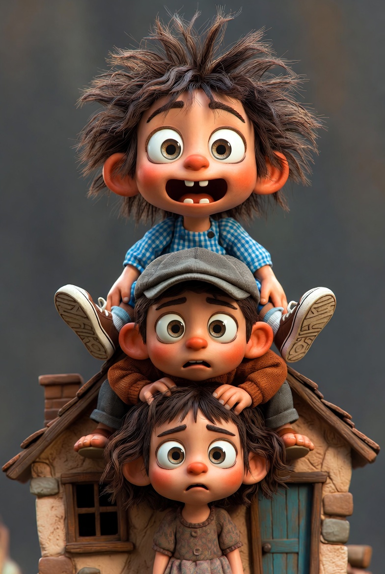 Whimsical 3D Clay Sculpture of Stacked Children Prompt — example 1
